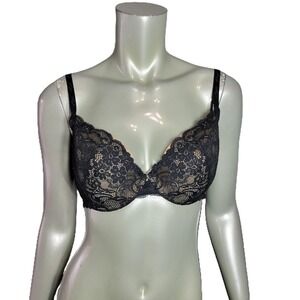 Victorias Secret Angels IPEX Demi Bra 38C Black Floral Lace Nude Lined Underwire